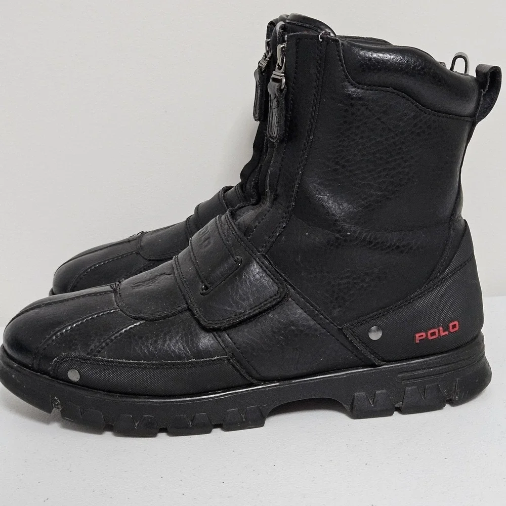Polo Ralph Lauren Boots Mens 10.5 Black Darrance II Leather Dual Zip Duck Boots
